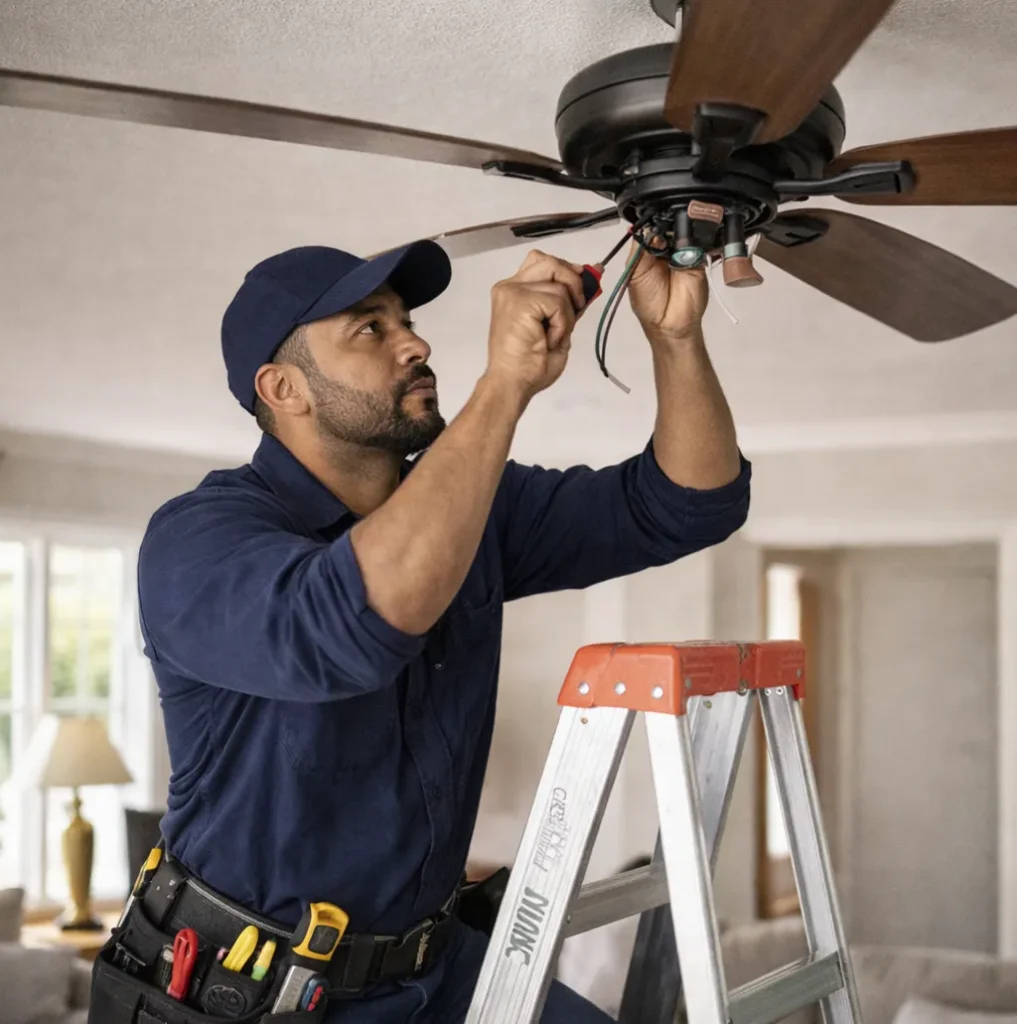 Electrician repairing ceiling fan on ladder in Fort Lauderdale home