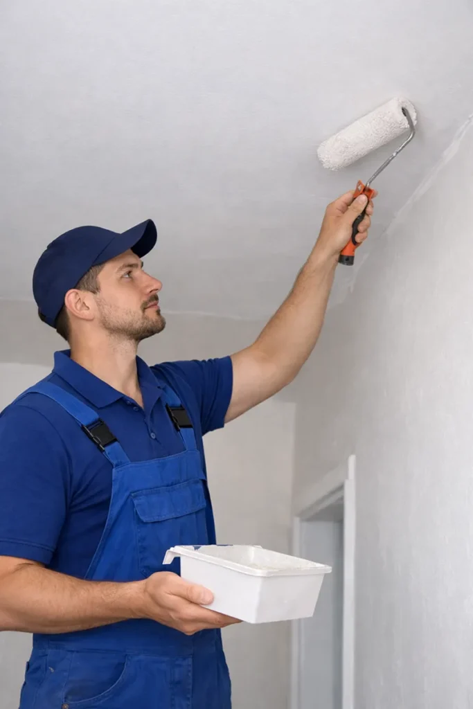 Painter applying white paint to ceiling with roller