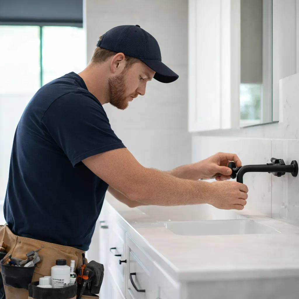 Handyman adjusting bathroom faucet in Fort Lauderdale home