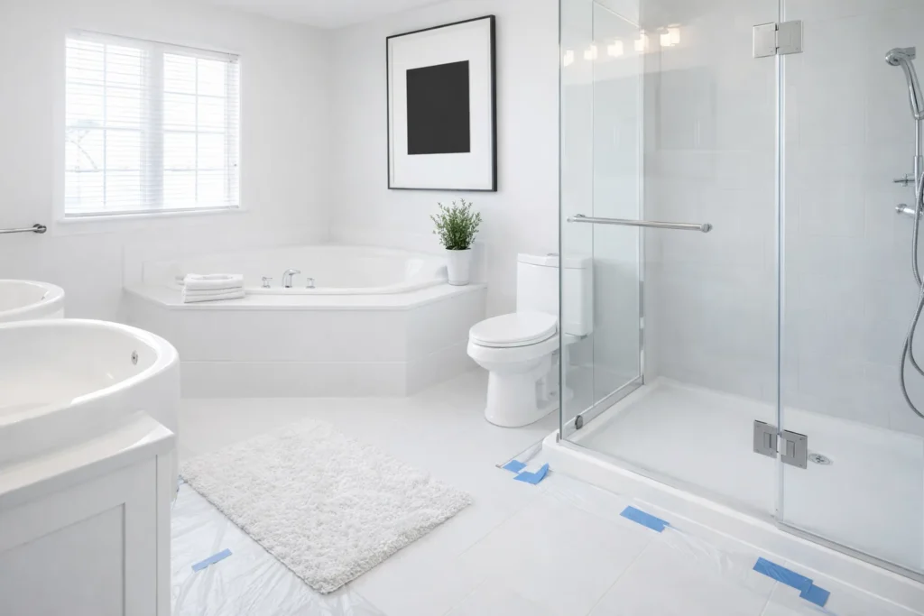 Clean finished bathroom repair with neat caulk and aligned fixtures