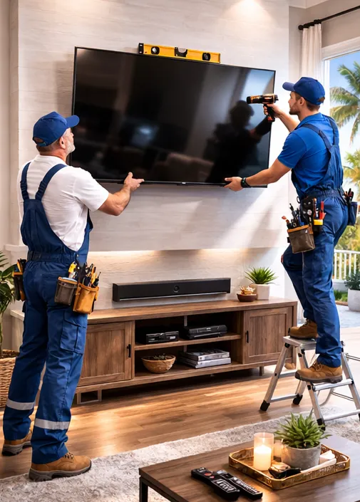Technicians measuring and installing a TV wall mount above a fireplace in a Fort Lauderdale home