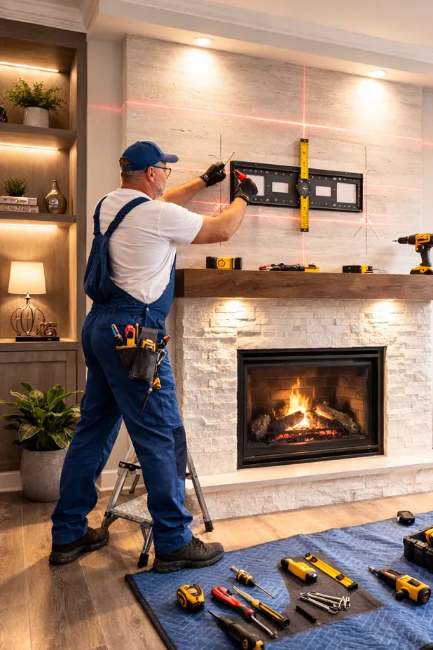 Handyman technicians mounting a flat-screen TV on the wall in a Fort Lauderdale living room