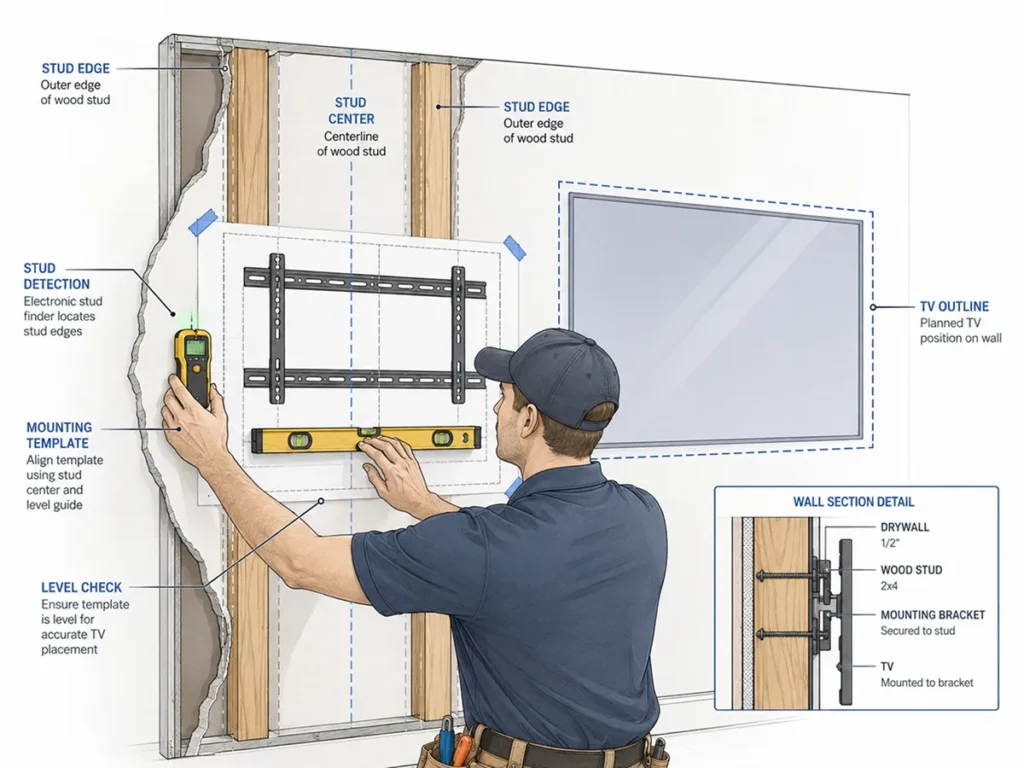 TV mounting plan check with wall stud detection, mounting template, level alignment, and wall section detail
